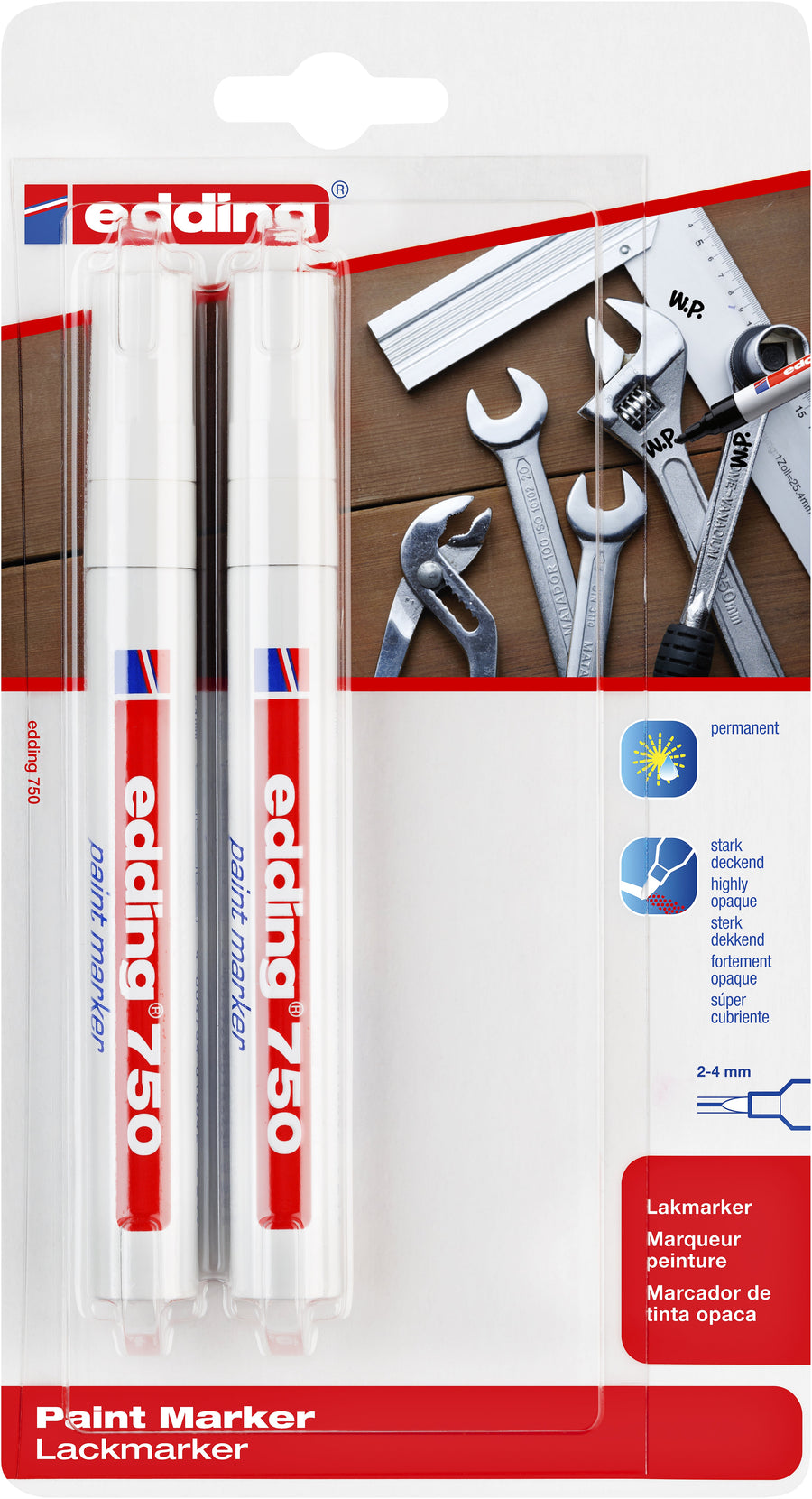 Paintmarker edding 750 oliebasis 2-4mm wit bls 2x