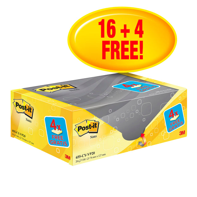 Memoblok 3M Post-it 655 76x127mm geel 16+4 gratis