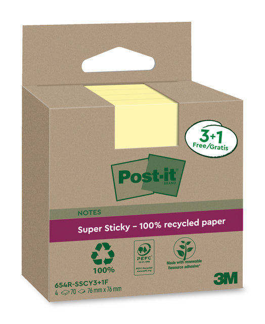 Memoblok 3M Post-it 654 RSSCOL 76x76mm geel 3+1