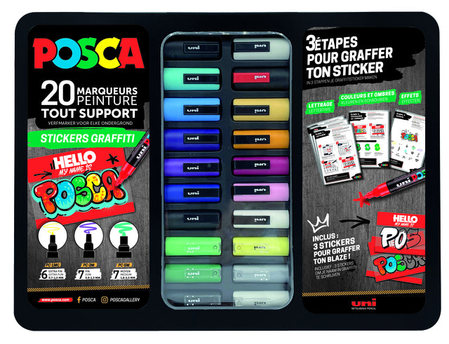 Paintmarker Uni POSCA Graffiti metalen koffer 20st