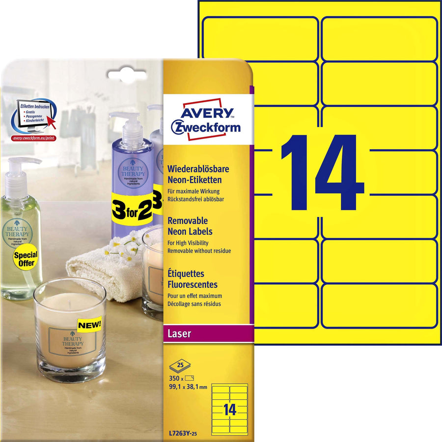 Etiket Avery L7263Y-100 99.1x38.1mm geel 1400stuks