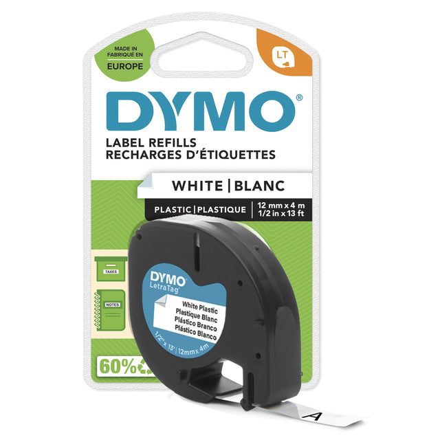 Labeltape Dymo LetraTag plastic 12mm wit
