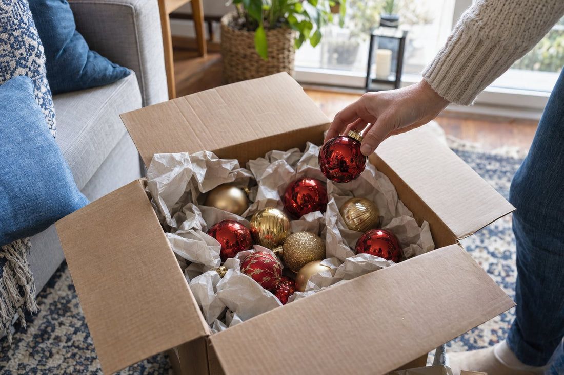Kerstballen opbergen in een doos