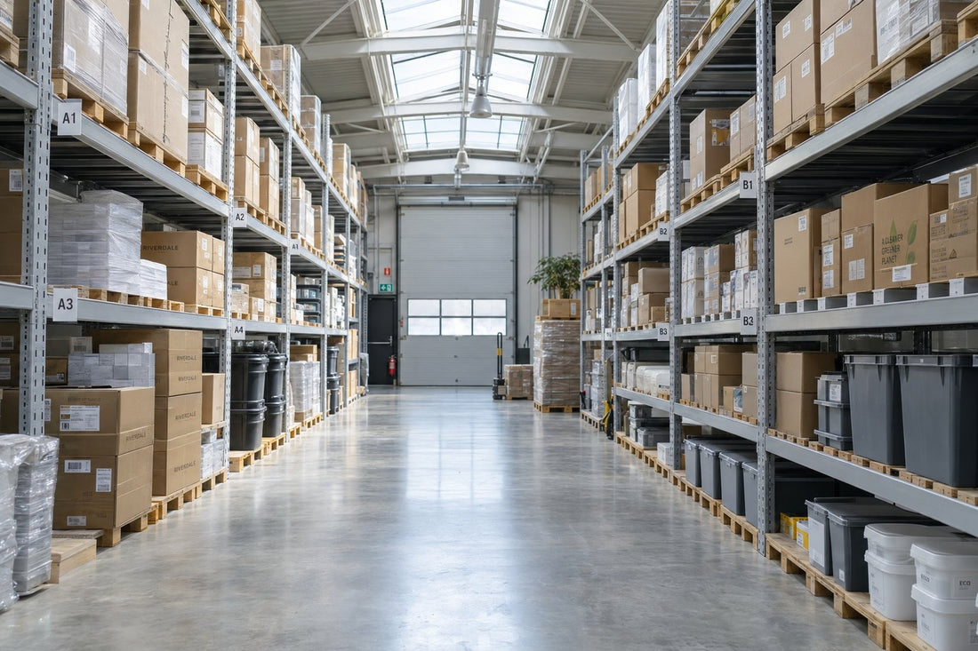 Magazijn van een webshop met stellingen en looproutes