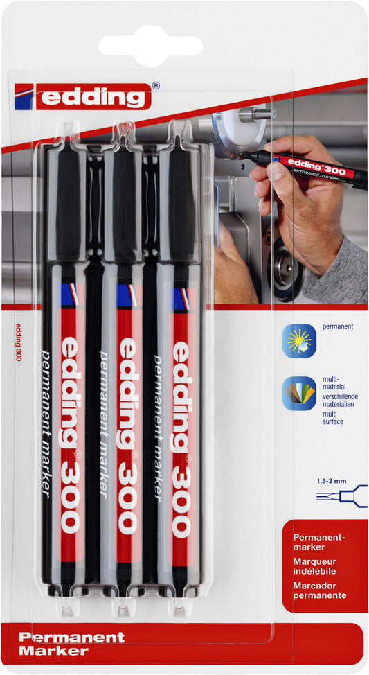 Viltstift edding 300 rond 1.5-3mm blist3 zwart