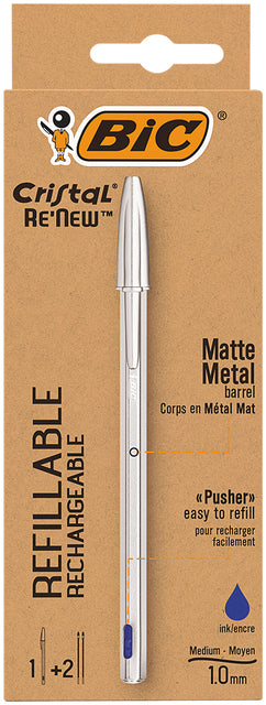 Balpen Bic Cristal Re-new 1 pen + 2 vull M blauw