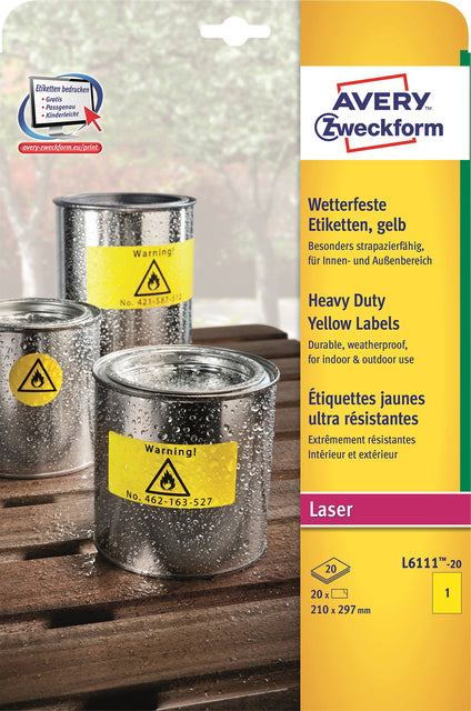 Etiket Avery L6111-20 210x297mm geel 20stuks