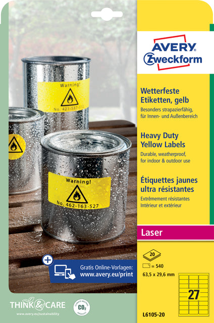 Etiket Avery L6105-20 63.5x29.6mm geel 540stuks