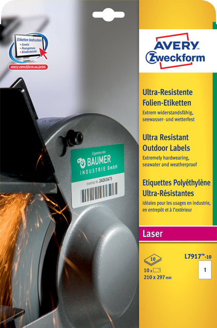 Etiket Avery L7917-10 210x297mm polyester wit 10st