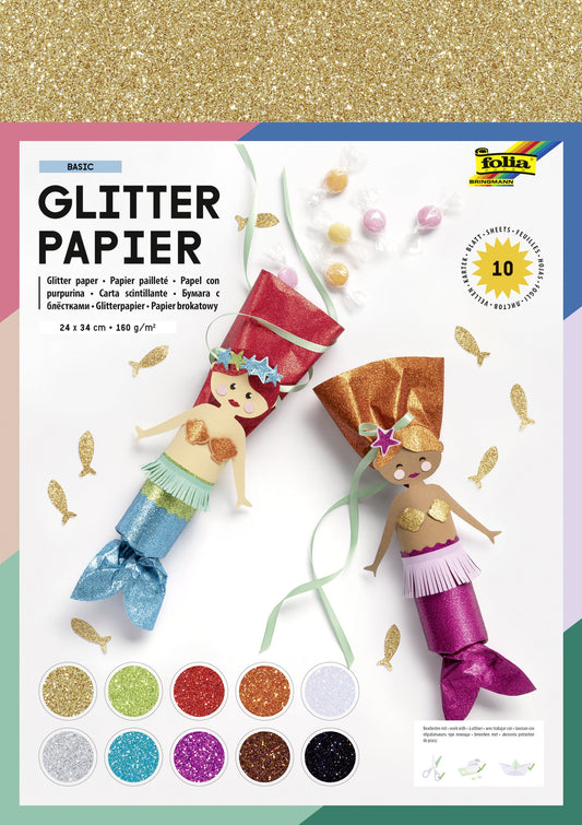 Glitterpapier Folia 1-zijdig 24x34cm 170gr 10v ass