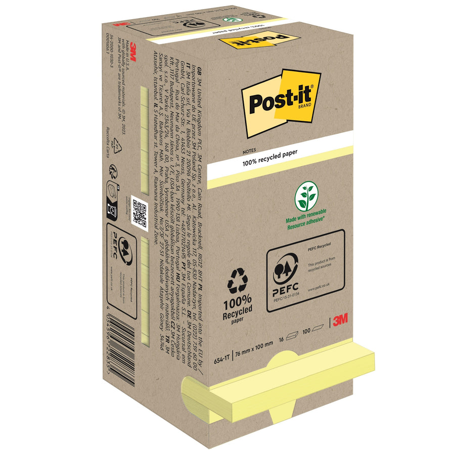 Memoblok Post-it 654 76x76mm recycled pastel geel