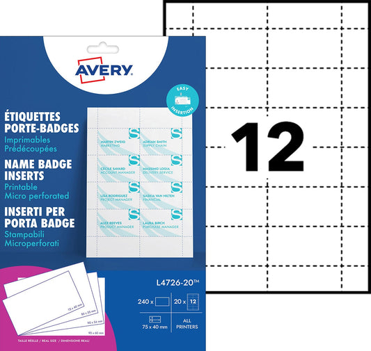Badgekaart Avery L4726-20 40x75mm perf 20v