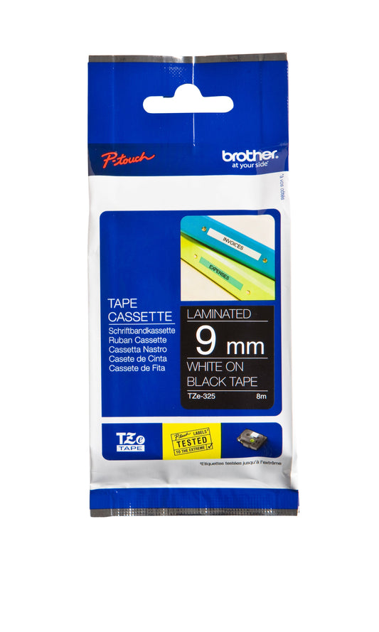 Labeltape Brother Ptouch TZe325 9mm zwart