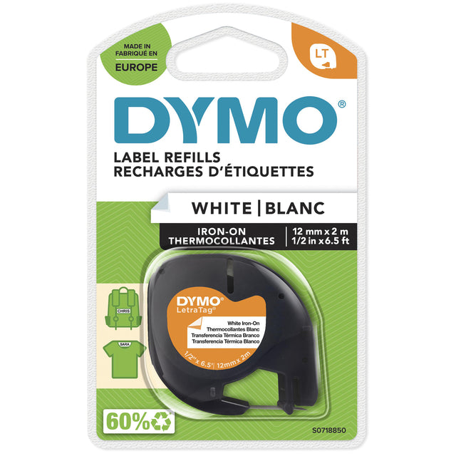 Labeltape Dymo LetraTag strijkbaar 12mm wit