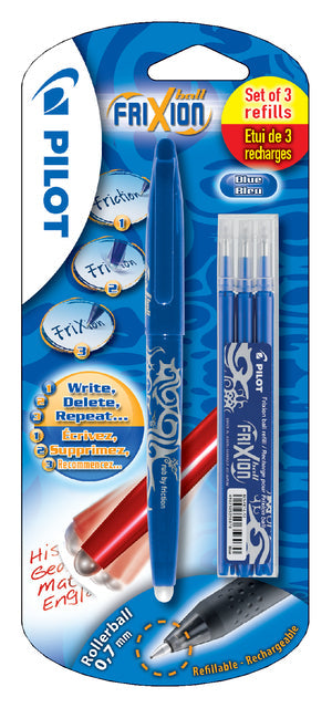 Rollerpen PILOT friXion BL-FR7 M + 3 vull blauw